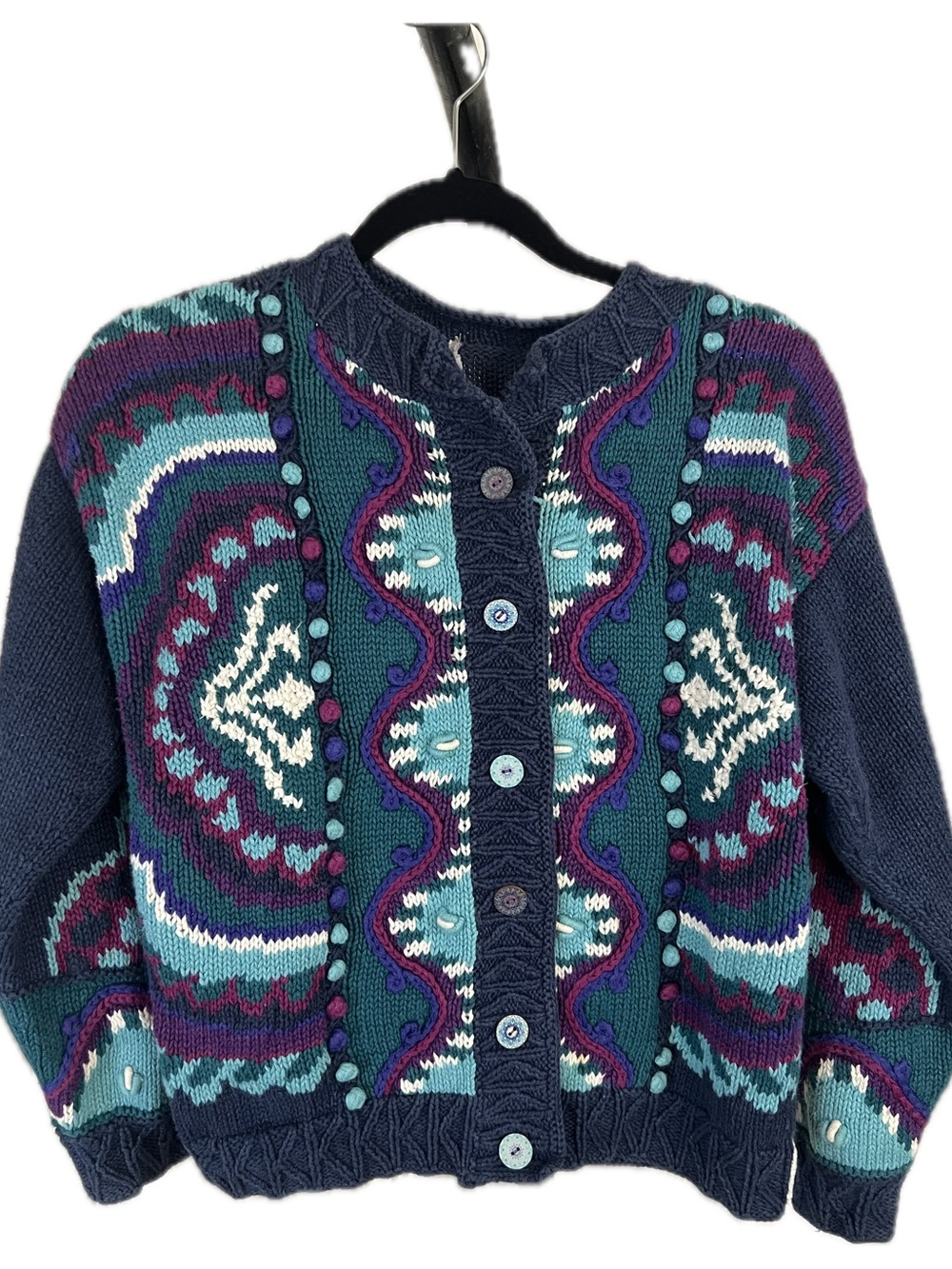 Segrets Sun Vintage 90s Hand knit Navy Multicolor Patterned Button-Up Cardigan